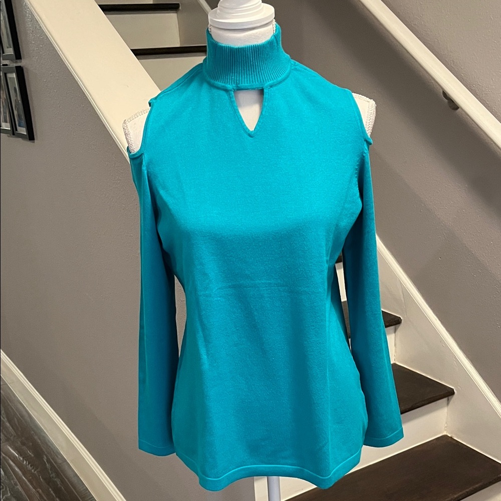 Susan Graver Turquoise Cold Shoulder Blouse